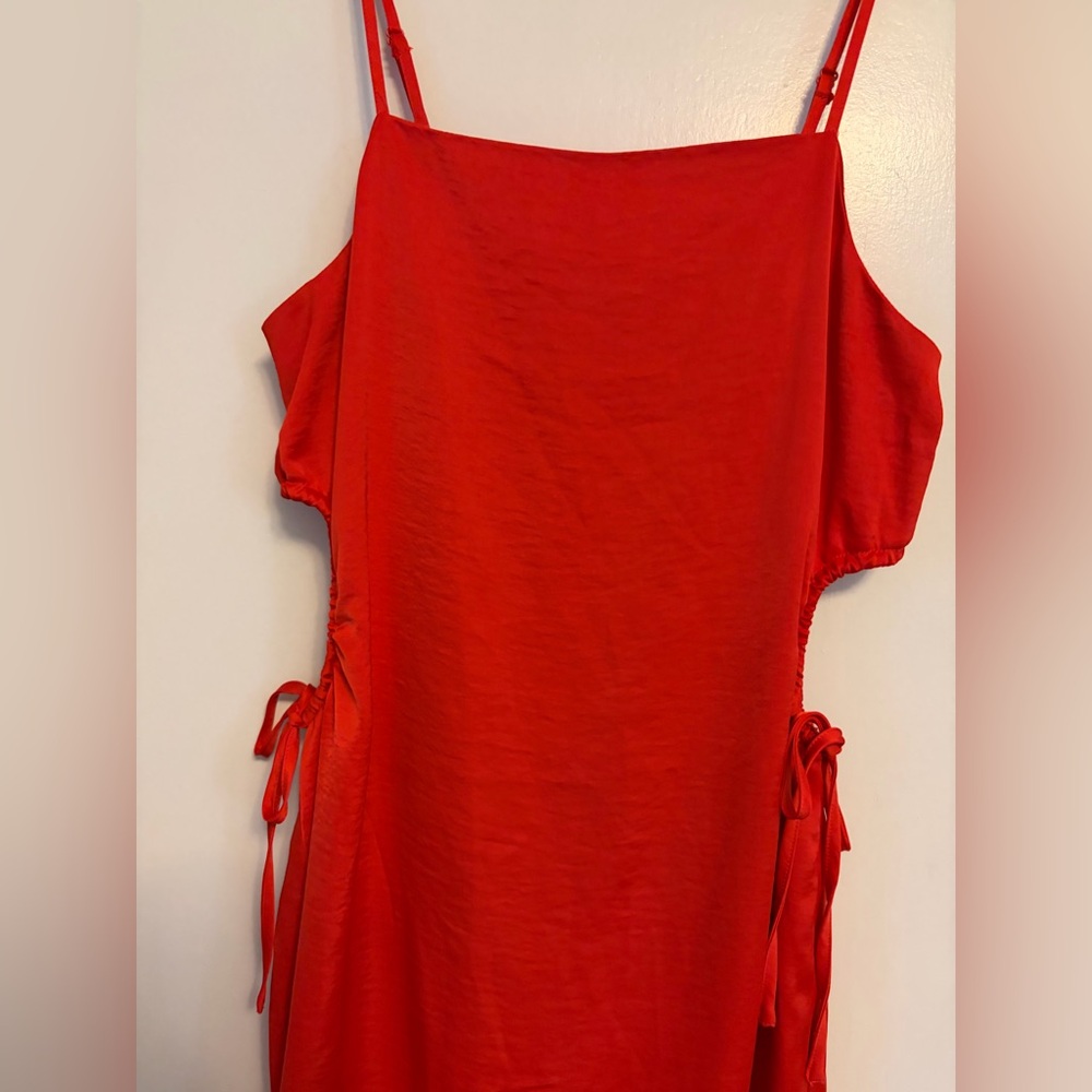 Satin Red Slip Midi Dress with Keyhole Side Tie Straps - Picture 2 of 5